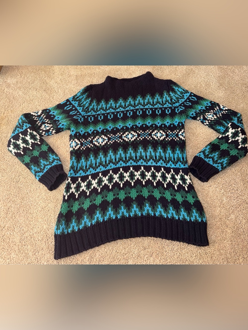 Talbots Fair Isle Turtleneck Sweater in Black, Teal & Green. Size MP